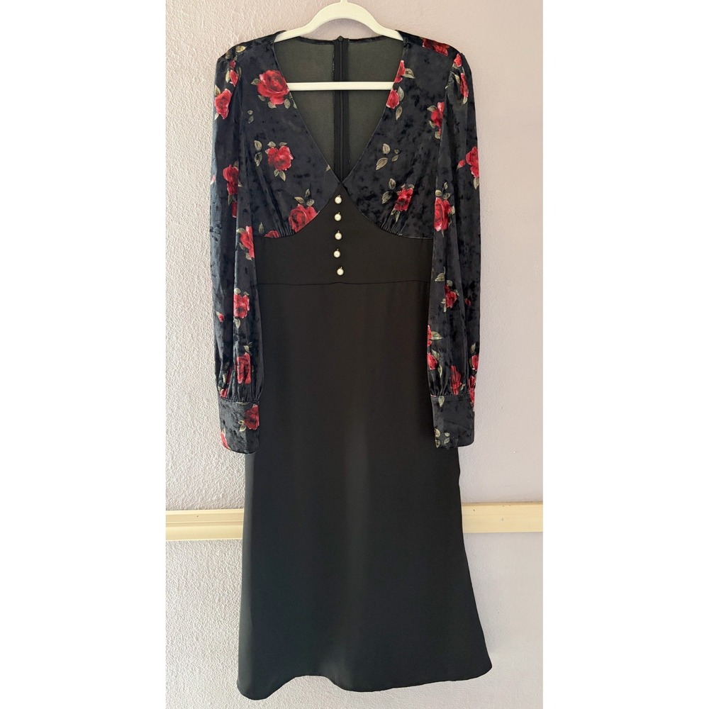 Vintage Style Whimsigoth Floral Velvet Pearl Accent Midi Dress Black Red Rose XL